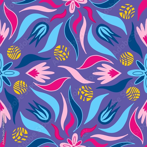 Multicolored floral endless patterns on a purple background  seamless stylized plants.