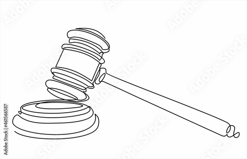 Judge's gavel continuous one line drawing minimalism design isolated on white background