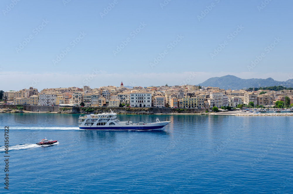 Ferry entering to the port in Corfu.