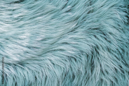 Fur texture top view. Turquoise fur background. Fur pattern. Texture of turquoise shaggy fur. Wool texture. Flaffy sheepskin fur close up