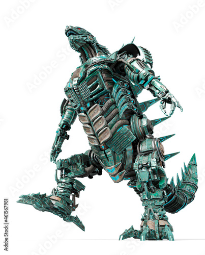 cyberpunk dinosaur bot is walking bottom view