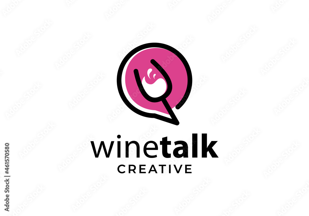 Wine glass with chat symbol, talk logo design template inspiration