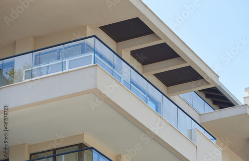 Balcony with glass railing in a modern house