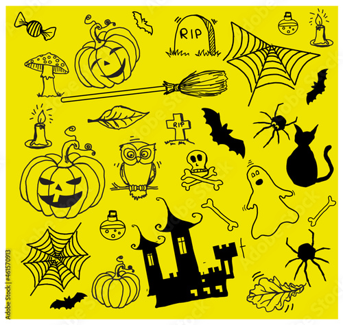 Obraz na płótnie Halloween background doodle set with pumpkins w salonie