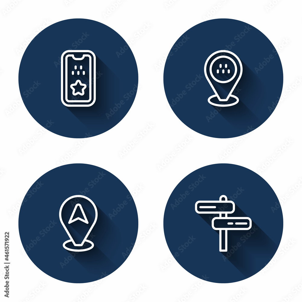 Set line Taxi mobile app, Location taxi car, and Road traffic sign with long shadow. Blue circle button. Vector Set line Taxi mobile app, Location taxi car, and Road traffic sign with long shadow. Blue circle button. Vector