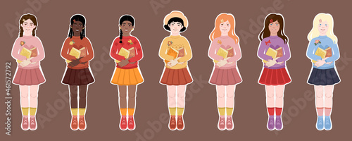 A set of stickers with girls with braces in full growth of different races with books. Cute girls school girls of different nationalities hold books in their arms. Vector illustration.