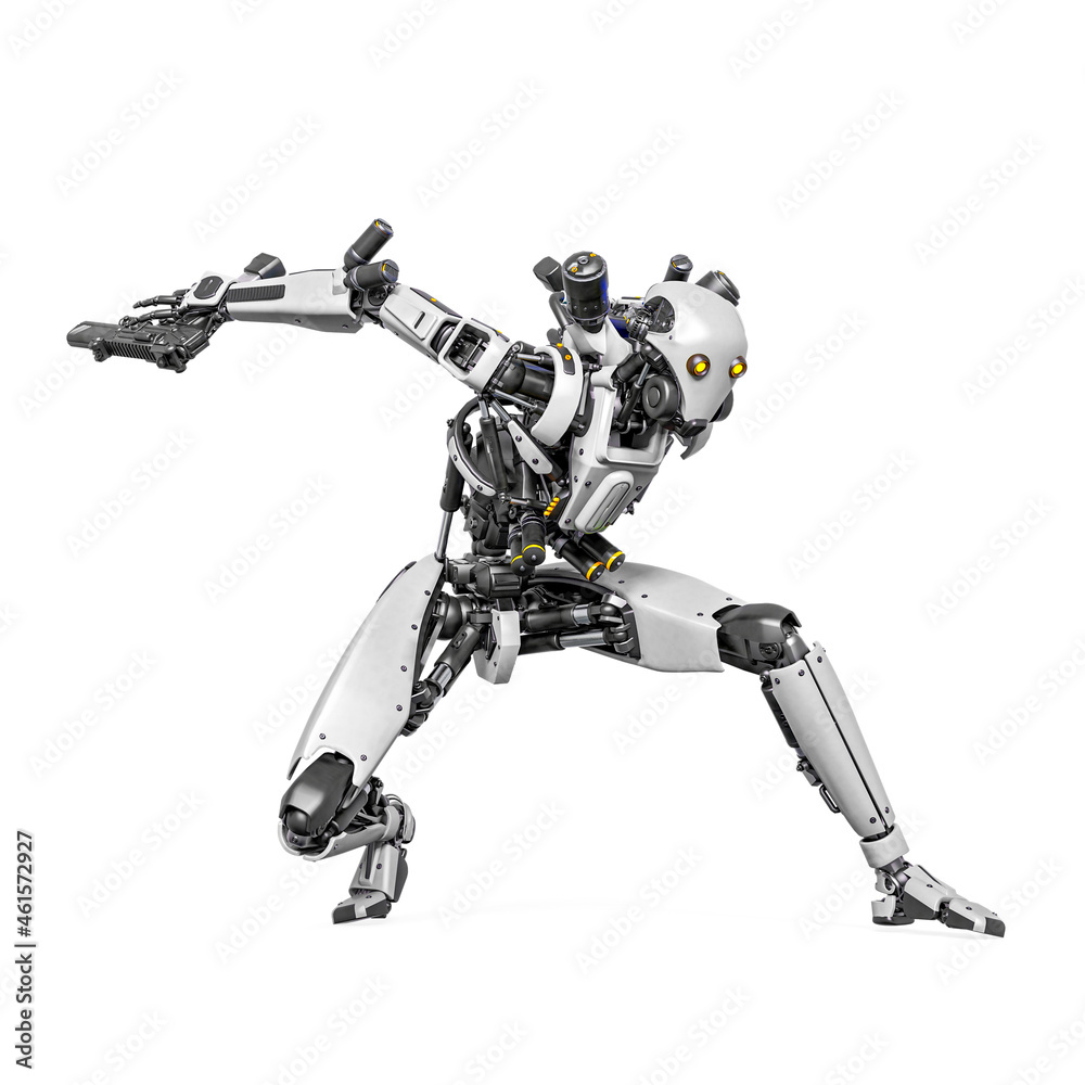 droid soldier is landing like a super hero in action and holding a pistol droid soldier is landing like a super hero in action and holding a pistol