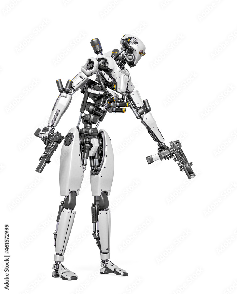 droid soldier is shooting down in action and holding a pistol