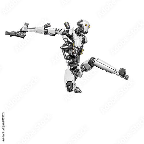 Foto droid soldier is jumping fast in action and holding a pistol