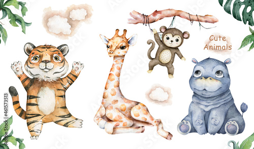 Baby giraffe, hippo, tiger and monkey. Watercolor hand painted cartoon giraffe tropical animal illustration. Jungle safari cute animals woodland