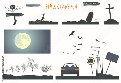 Set of Halloween paraphernalia with halloween, moon, grave, zombie, pumpkin, bat.