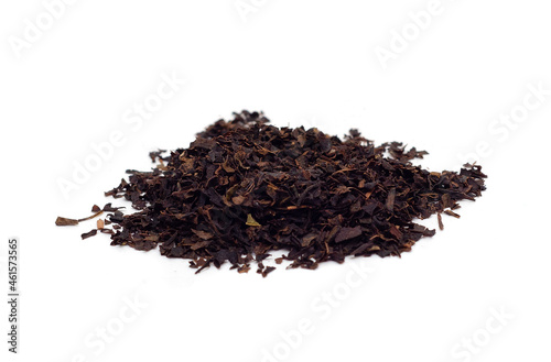 Heap of chinese green tea with jasmine petals isolated on white background