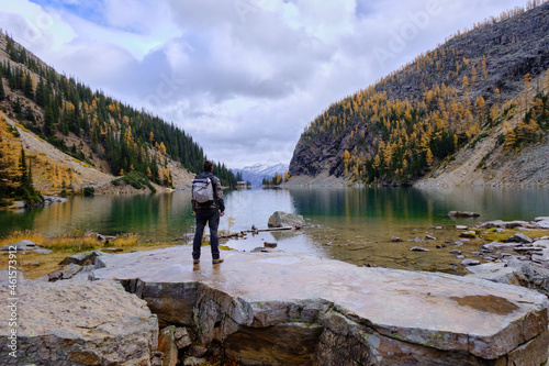 Lake Agnes with male silhouette , Near Lake Louise, Banff National Park, Alberta, Canada