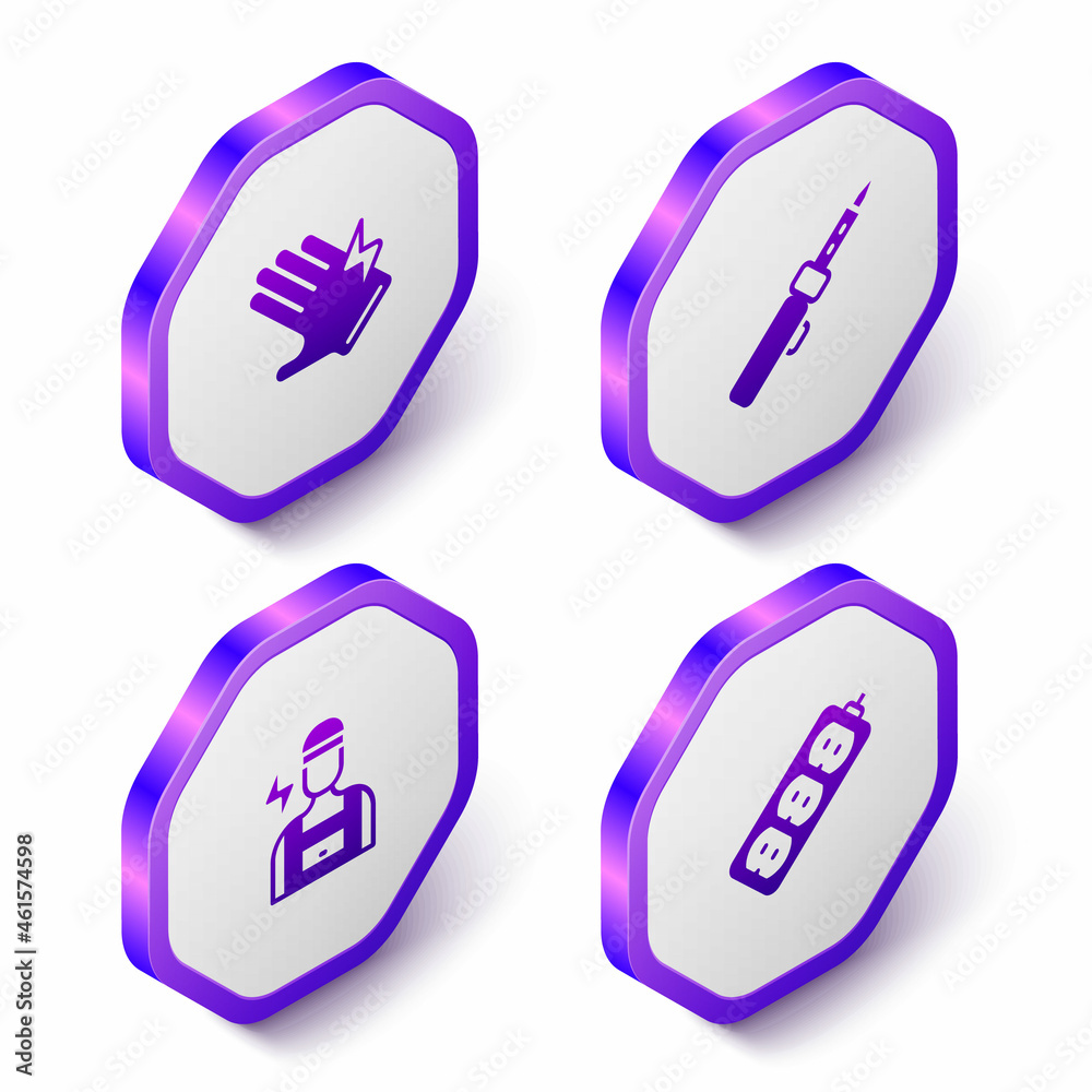 Set Isometric Electric glove, Soldering iron, Electrician and extension icon. Purple hexagon button. Vector Set Isometric Electric glove, Soldering iron, Electrician and extension icon. Purple hexagon button. Vector
