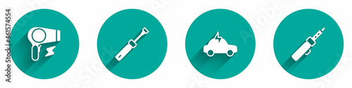 Set Hair dryer, Screwdriver, Electric car and Soldering iron icon with long shadow. Vector