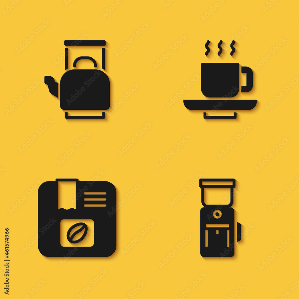 Set Kettle with handle, Electric coffee grinder, Bag beans and Coffee cup icon with long shadow. Vector Set Kettle with handle, Electric coffee grinder, Bag beans and Coffee cup icon with long shadow. Vector