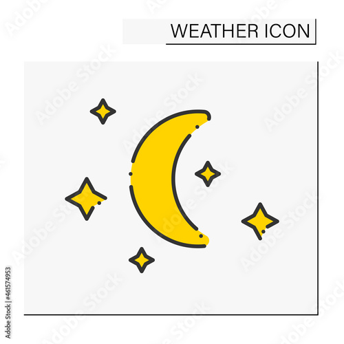 Night color icon. Starry night with moon without clouds.Meteorology Clear sky. Moonlight. Cloudless night sky. Weather concept. Isolated vector illustration