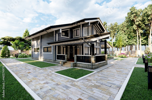 Fototapeta Naklejka Na Ścianę i Meble -  3D illustration, 3D rendering. A beautiful path near a summer two-story house made of glued laminated timber.