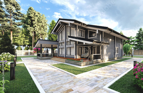 3D illustration, 3D rendering. Beautiful summer suburban home with walkways around.