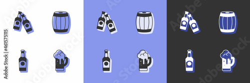 Set Glass of beer, Beer bottle, and Wooden barrel icon. Vector