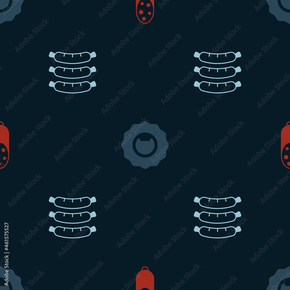 Set Salami sausage, Bottle opener and Sausage on seamless pattern. Vector Set Salami sausage, Bottle opener and Sausage on seamless pattern. Vector