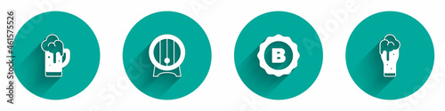 Set Glass of beer, Wooden barrel on rack, Bottle cap and icon with long shadow. Vector