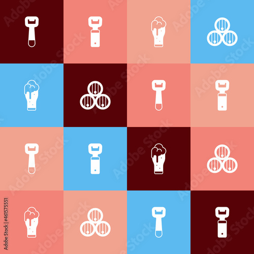 Set pop art Bottle opener, Glass of beer and Wooden barrel icon. Vector