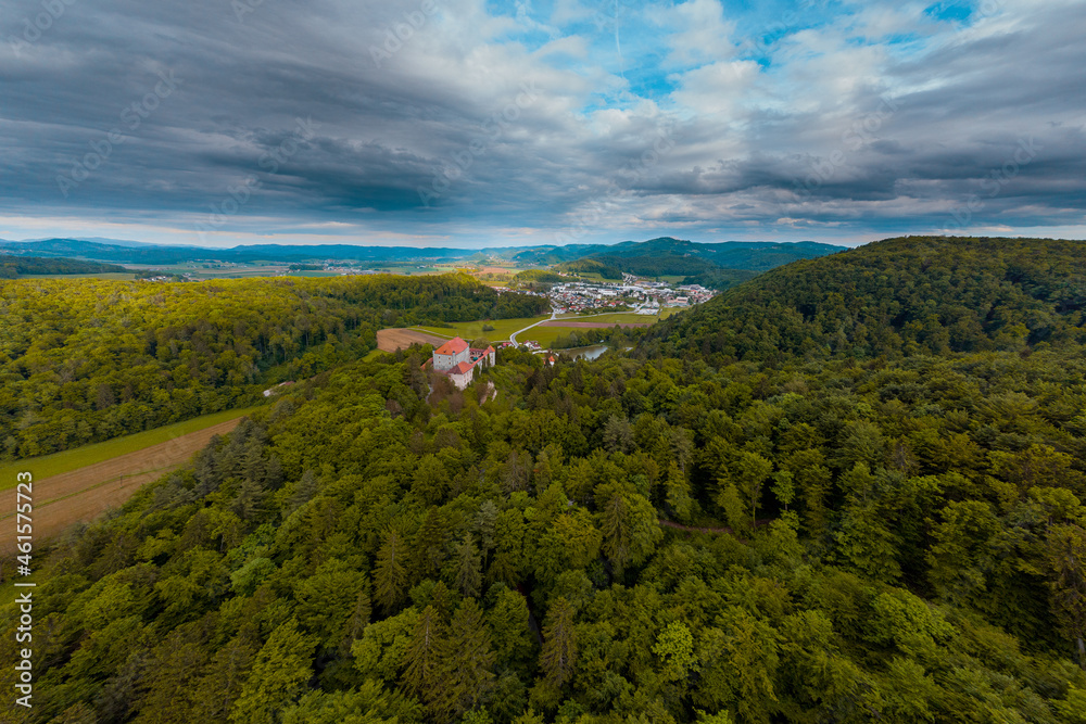 Very wide Panoramic aerial drone view of castle of Mirna on a summer day. Picturesque castle in dolenjska region of Slovenia