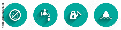 Set Water drop forbidden, tap, Watering can and icon with long shadow. Vector