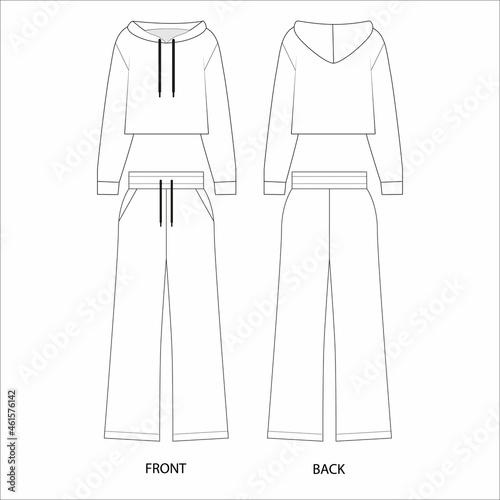 Sport suit technical sketch. Wide leg pants design template. Cropped hoodie design template.  Flared pants and cropped hoodie   vector illustrations. 