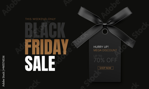 Black Friday Sale Banner. Discount background with black label and black ribbon with bow. Vector 