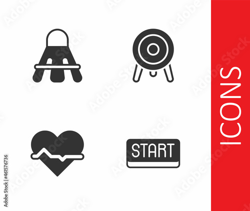 Set Ribbon in finishing line, Badminton shuttlecock, Heart rate and Target sport icon. Vector
