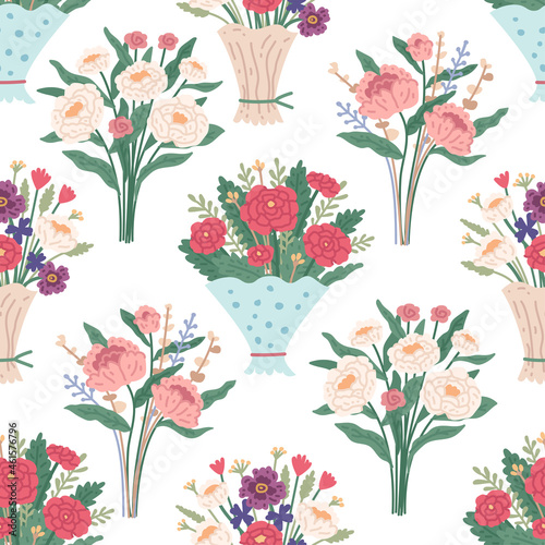 Flower bouquet. Seamless Pattern with bright spring blooming flowers in vases and bottles isolated on a white background. Cartoon flat vector illustration. 