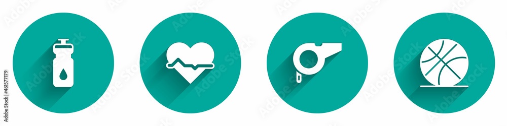 Set Fitness shaker, Heart rate, Whistle and Basketball ball icon with long shadow. Vector Set Fitness shaker, Heart rate, Whistle and Basketball ball icon with long shadow. Vector