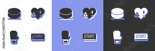 Set Ribbon in finishing line, Hockey puck, Boxing glove and Heart rate icon. Vector