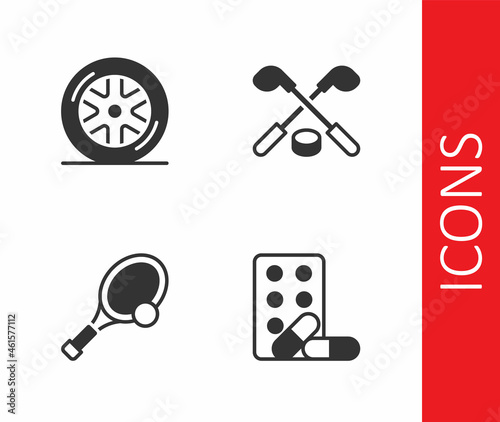 Set Sports doping with dumbbell, Car wheel, Tennis racket ball and Ice hockey sticks and puck icon. Vector