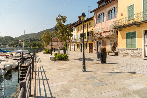 Lakeside promenade in ancient village Pella on the shore of Lake Orta, province of Novara, Piedmont, Italy
