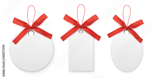 Black white sale labels and tags with red bow isolated on white background. Vector illustration