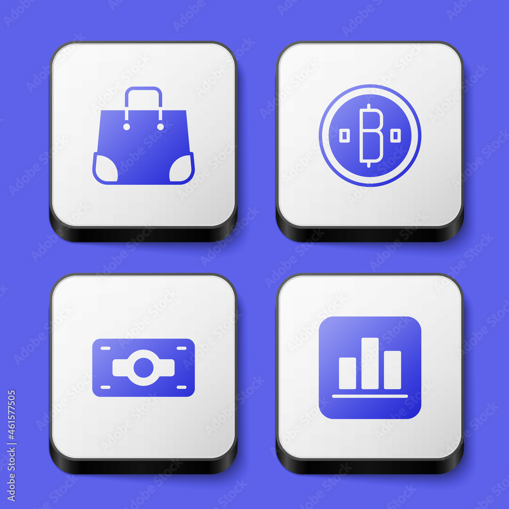 Set Paper shopping bag, Cryptocurrency coin Bitcoin, Stacks paper money cash and Pie chart infographic icon. White square button. Vector Set Paper shopping bag, Cryptocurrency coin Bitcoin, Stacks paper money cash and Pie chart infographic icon. White square button. Vector