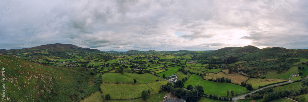 Panoramic aerial view cloudy summer countryside,newry,Northern Ireland
