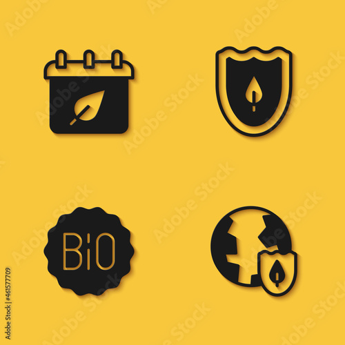 Set Calendar with autumn leaves, Earth shield, Banner for bio and Shield leaf icon with long shadow. Vector