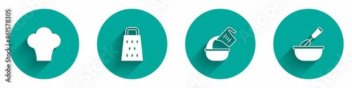 Set Chef hat, Grater, Measuring cup and bowl and Cooking whisk with icon with long shadow. Vector