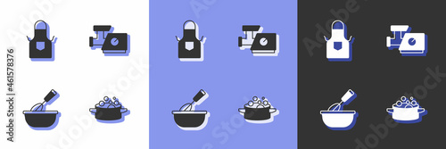 Set Cooking pot, Kitchen apron, whisk with bowl and meat grinder icon. Vector