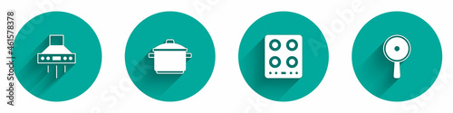 Set Kitchen extractor fan, Cooking pot, Gas stove and Frying pan icon with long shadow. Vector