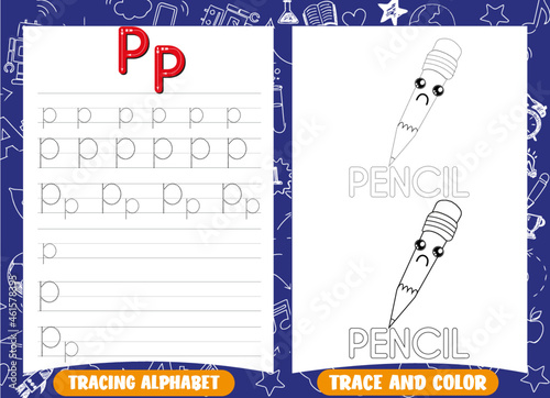 Alphabet tracing practice Letter P ,Writing practice and coloring book for kids