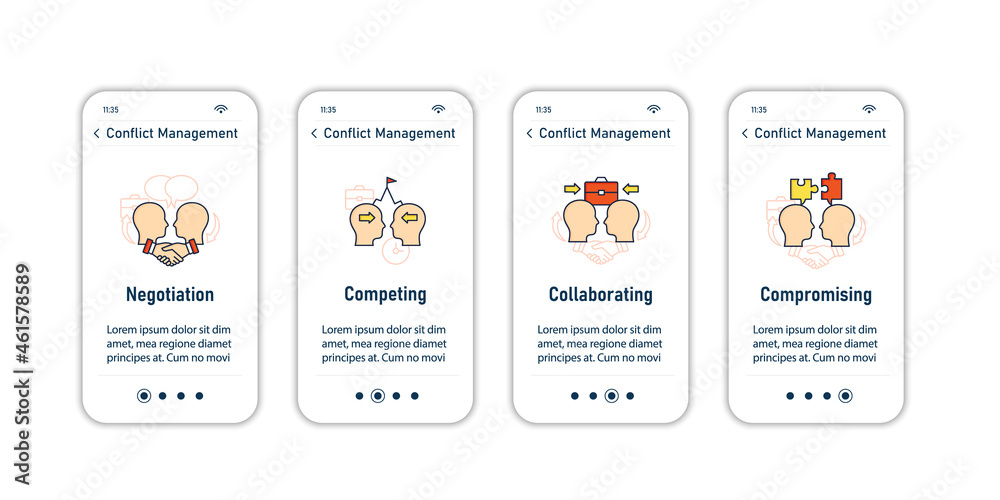 Conflict management onboarding mobile app screens. Resolving conflict between two people steps menu. Set of UI, UX, web template with RGB color linear icons Conflict management onboarding mobile app screens. Resolving conflict between two people steps menu. Set of UI, UX, web template with RGB color linear icons
