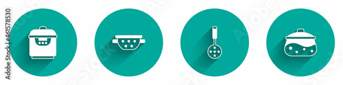 Set Slow cooker, Kitchen colander, Spatula and Cooking pot icon with long shadow. Vector