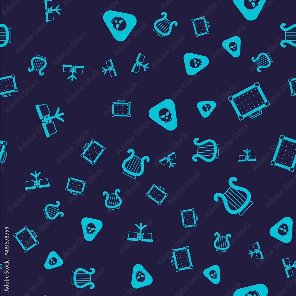 Set Bongo drum, Guitar amplifier, pick and Ancient Greek lyre on seamless pattern. Vector
