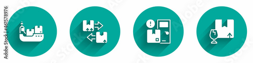 Set Cargo ship with boxes delivery, Cardboard traffic symbol, Home services and Package fragile content icon with long shadow. Vector