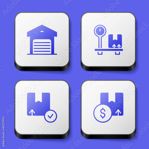 Set Warehouse, Scale with cardboard box, Carton and icon. White square button. Vector